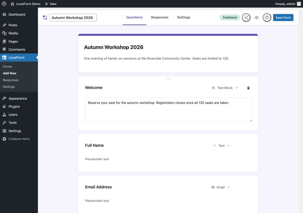 The LocalForm builder in the WordPress admin, showing an event registration form with a text block and text and email questions.
