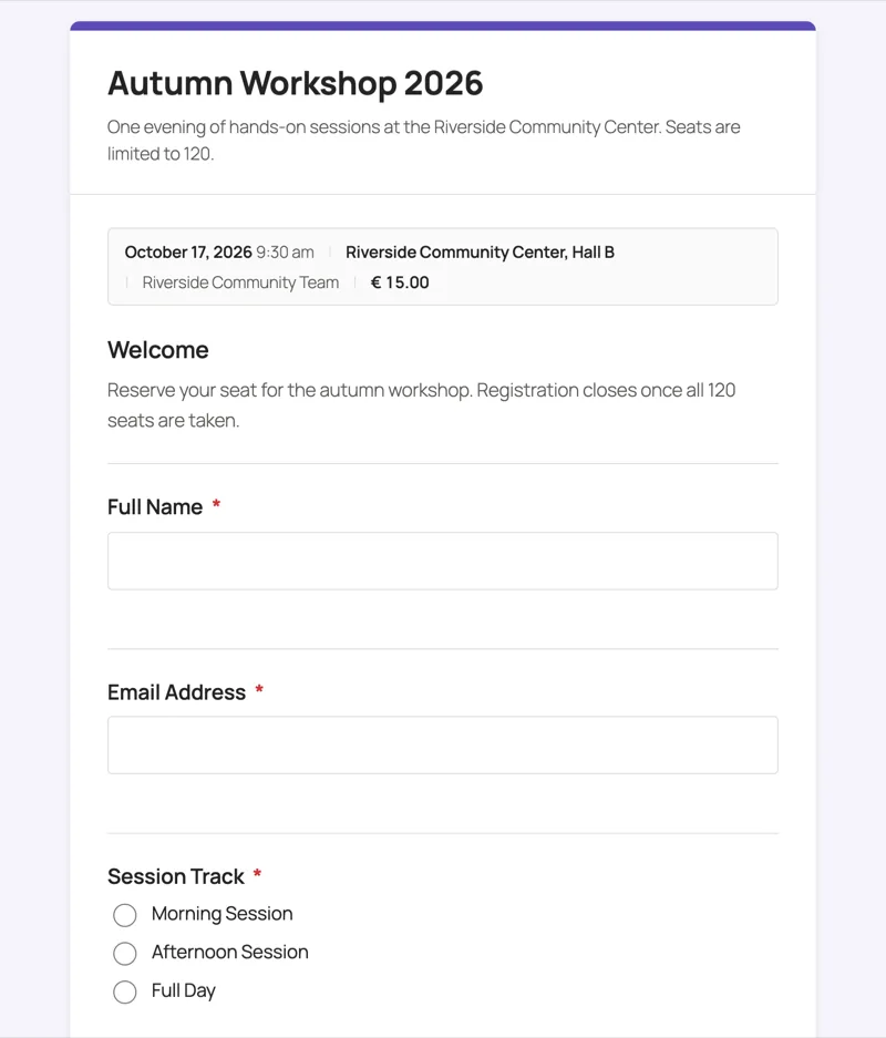 The public LocalForm registration page for Autumn Workshop 2026, showing event date, location and price above name, email and session-track questions.