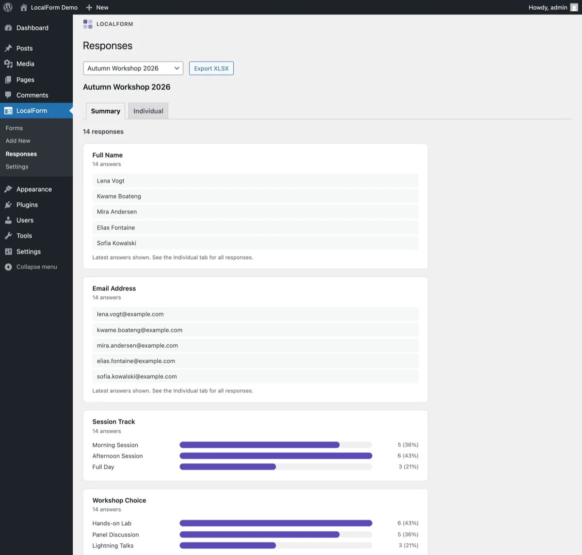 The LocalForm responses summary showing 14 responses with recent answers per question and percentage bar charts for the multiple-choice questions.