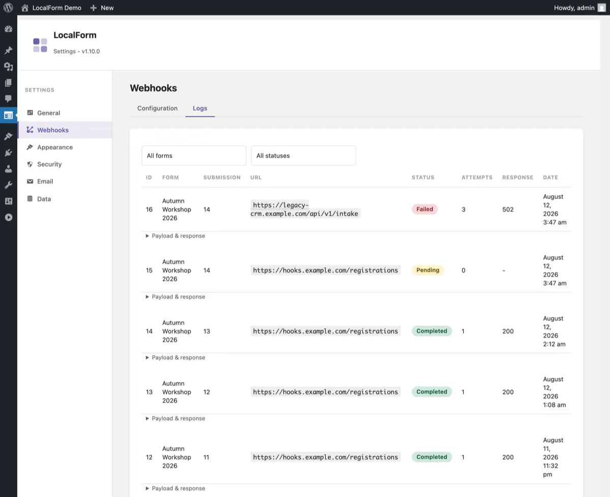 The LocalForm webhook log viewer listing deliveries with completed, pending and failed statuses, attempt counts and HTTP response codes.